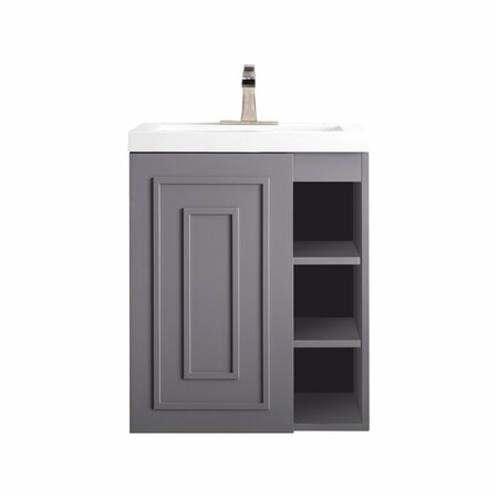 JAMES MARTIN VANITIES Alicante 24in Single Vanity, Gray Smoke w/ White Glossy Composite Stone Top E110V24GSMWG